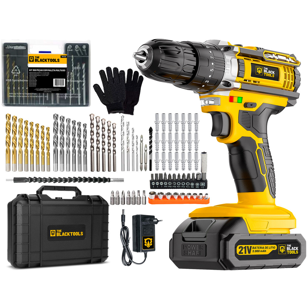 Parafusadeira De Impacto Profissional 21v + Kit Jogo Brocas E Buchas 300 Peças + Luvas em Oferta na Shopee