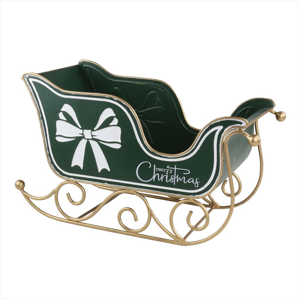 Trenó Verde Dourado Merry Christmas Enfeite Natal Metal 35CM