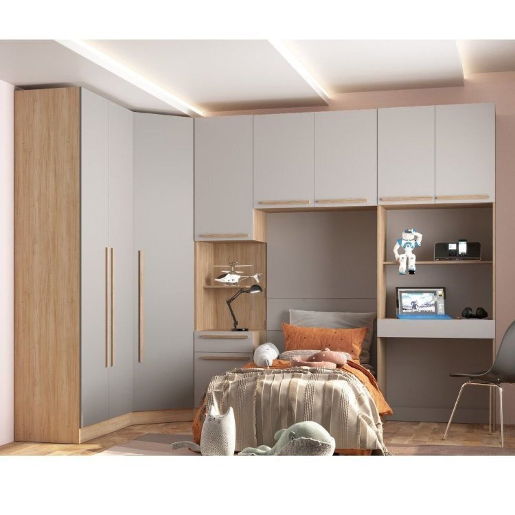 Dormitório Modulado 5 Peças 2 Guarda Roupas 1 Mesa de Cabeceira e 2 Modulos San Diego Bege/Aveiro Oak/Cinza Urbano