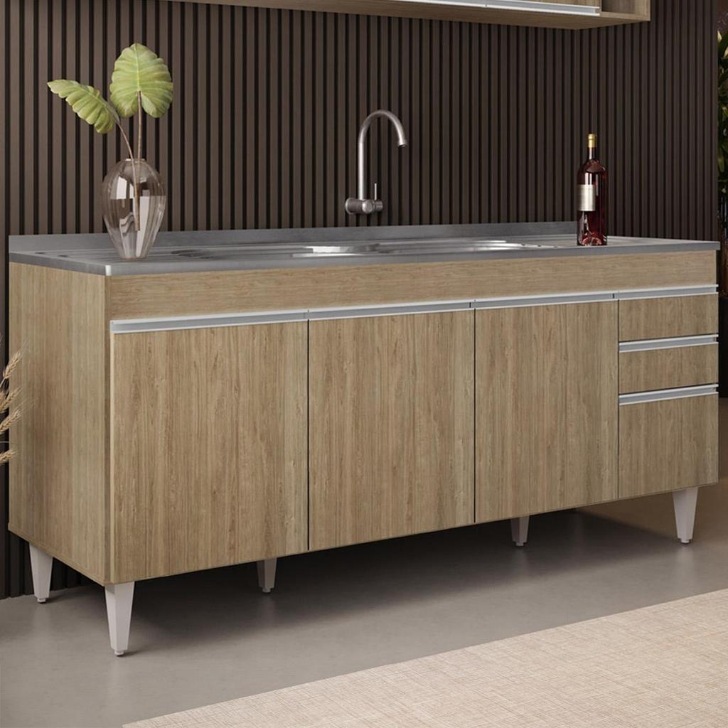 Balcão de Cozinha com Pia Inox 180cm Dallas Castanho - Lumil