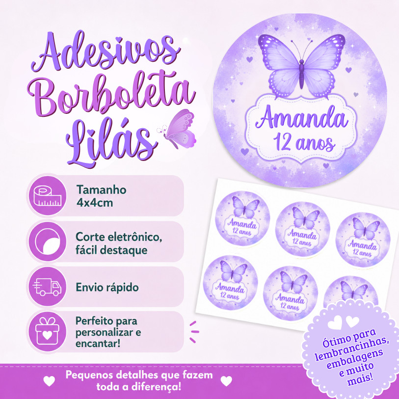 Adesivo Personalizado Borboleta Lilás 4cm | Lembrancinha | Festa Infantil | Aniversário