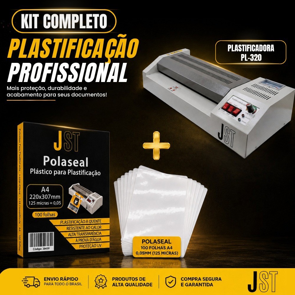 Kit Plastificadora JST PL-320 220V + 100 Folhas Polaseal A4