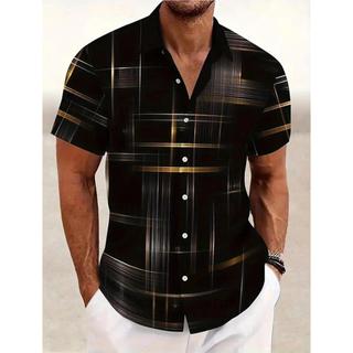Camisa masculina listrada xadrez geométrica de verão, camisa havaiana de manga curta com botões, camisa sem bolso