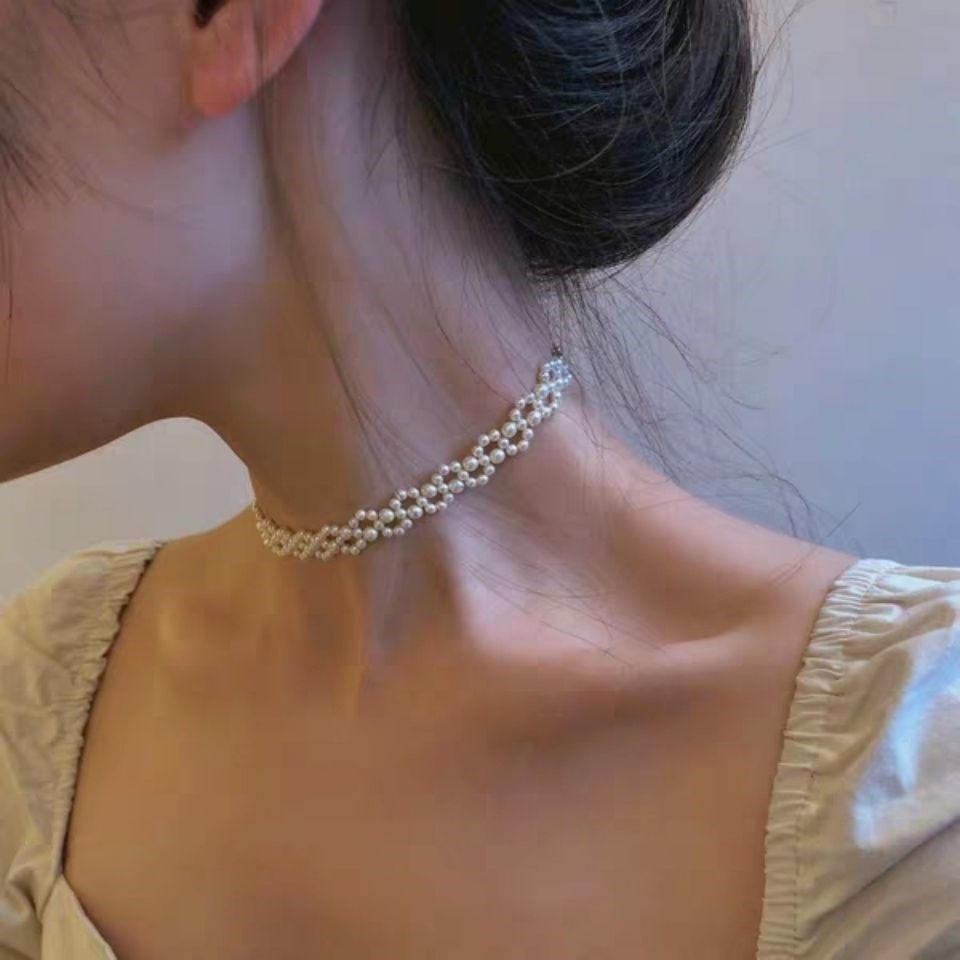 colar colar femenino Francês elegante Premium colar mão-tecido simulação pérola colar temperamento Super fada influencia
