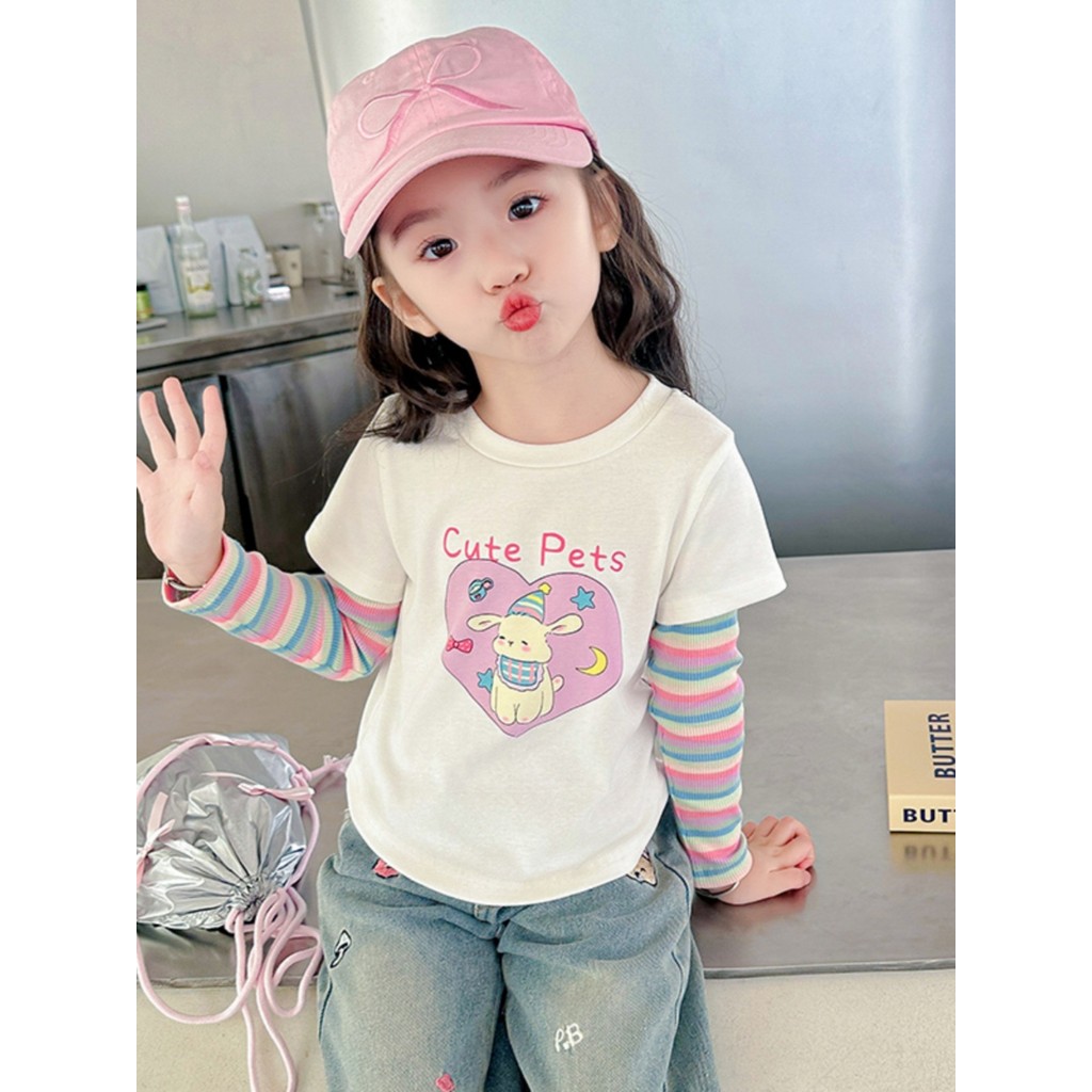 Meninas camiseta primavera outono menina bebê primavera outono estilo crianças topo primavera de manga comprida puro alg