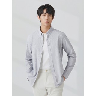 Giyomon Camisa masculina Casual de manga comprida, camisa listrada cinza com botão, moda britânica, sem ferro, camisa re