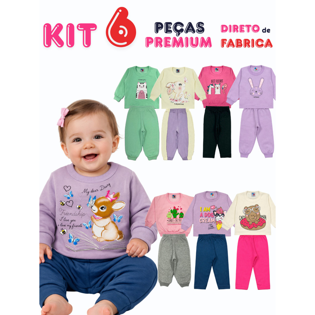Kit 6 Peças Moletom Bebê Menina Inverno Felpado 3 Conjuntos P M G