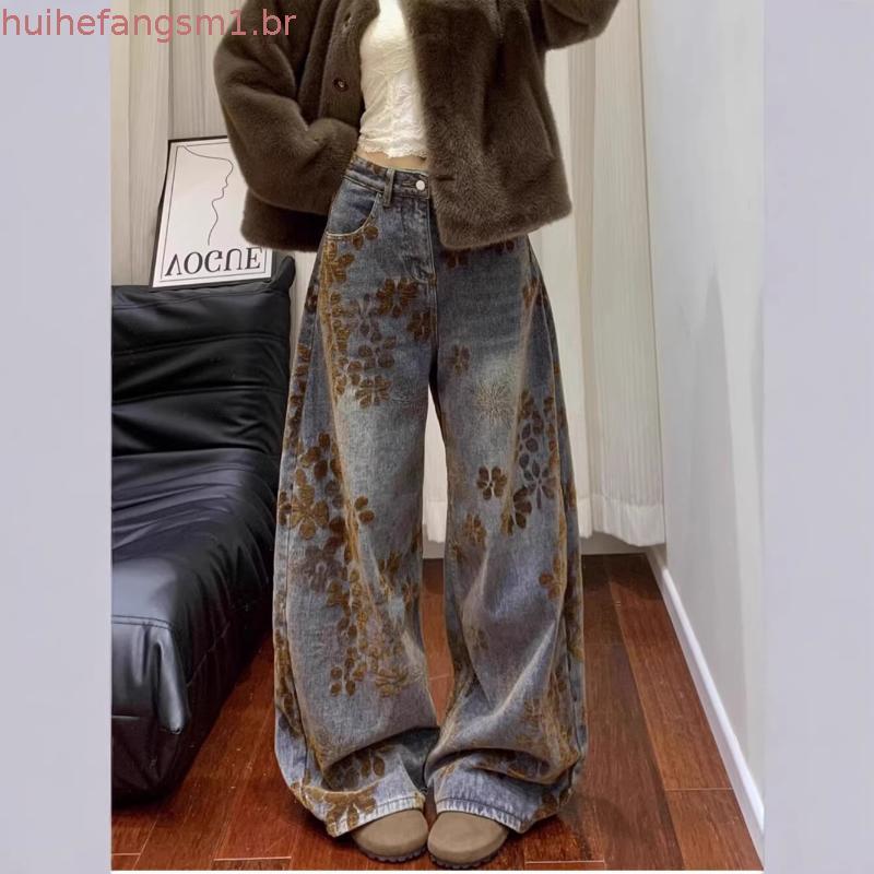 Calças Jeans Femininas Retrô Americanas com Bordado Floral, Perna Larga, Novidade de Primavera, Soltas, Efeito Emagreced