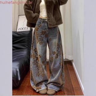 Calças Jeans Femininas Retrô Americanas com Bordado Floral, Perna Larga, Novidade de Primavera, Soltas, Efeito Emagreced