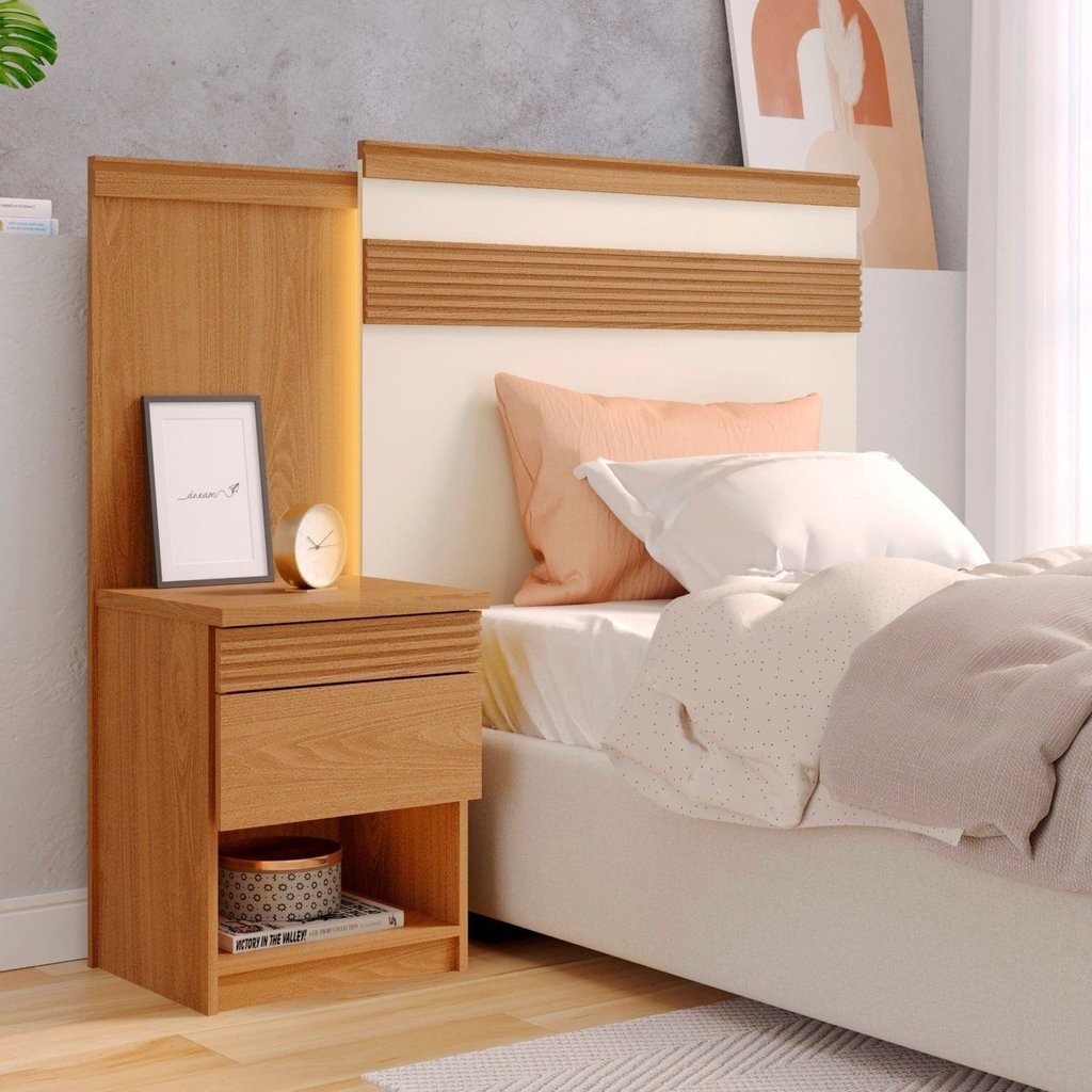 Cabeceira para Cama de Solteiro com Mesa de Cabeceira 100% MDF Granada Marrom Freijó/Off White