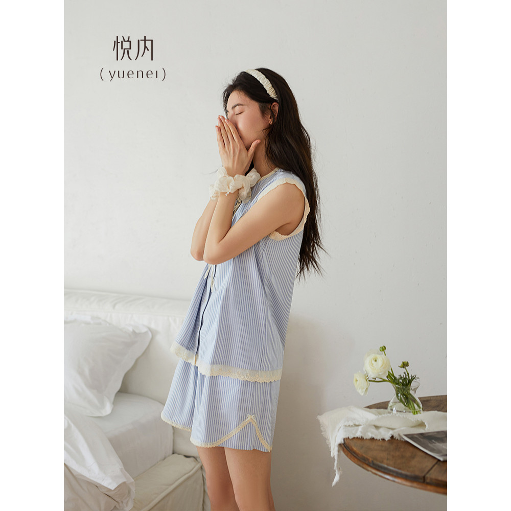 Yue interior com almofada no peito pijamas femininos verão verão sem mangas colete Cardigan Shorts puro algodão Homewear
