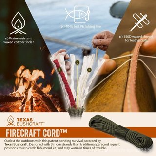Corda Texas Bushcraft Firecraft - Corda de Sobrevivência Paracord Utilitária, Corda de Paraquedas para Equipamento de So