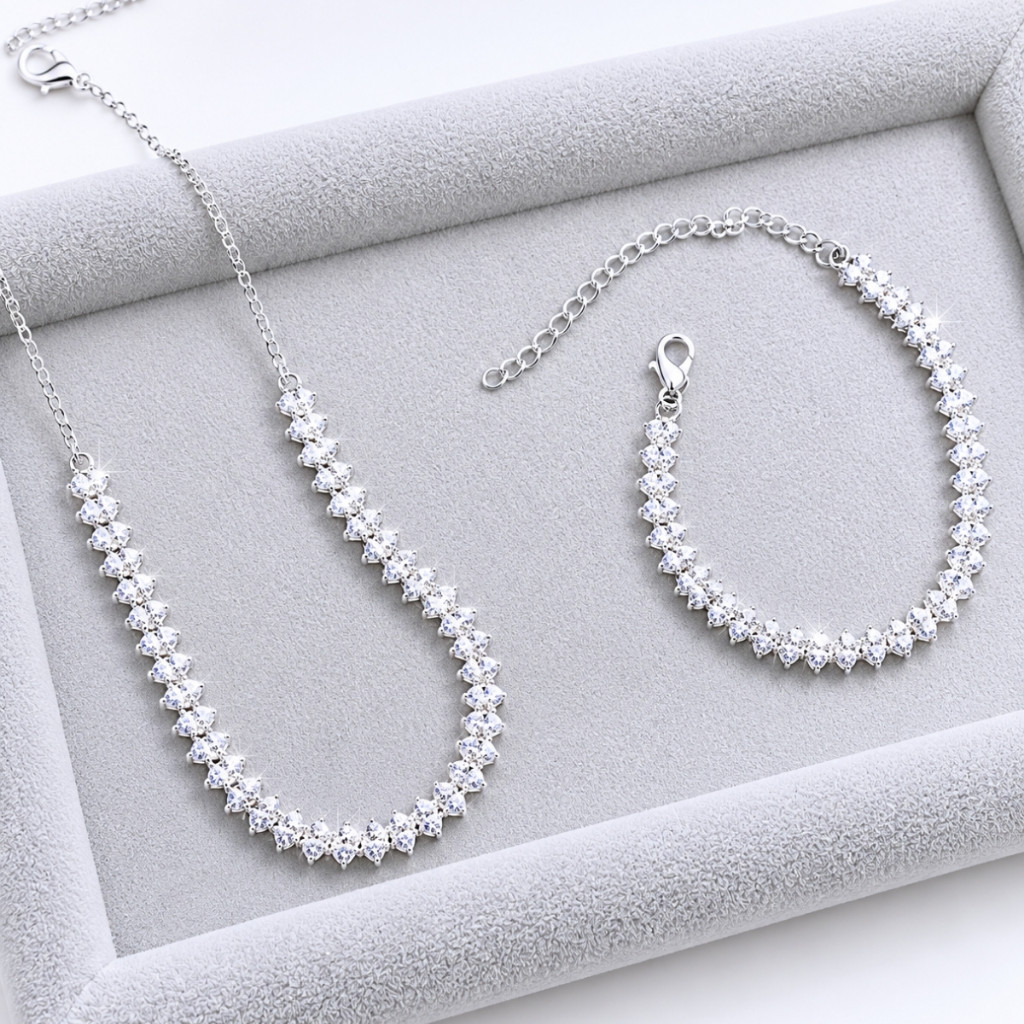 Kit Colar E Pulseira Riviera Navete Zircônia Banhado a Prata 925
