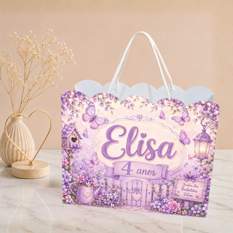 Sacolinha Jardim das Borboletas Lilás Personalizado  Sacolinha  Mimos  Lembrancinha  Aniversário Jardim PEGUE E MONTE
