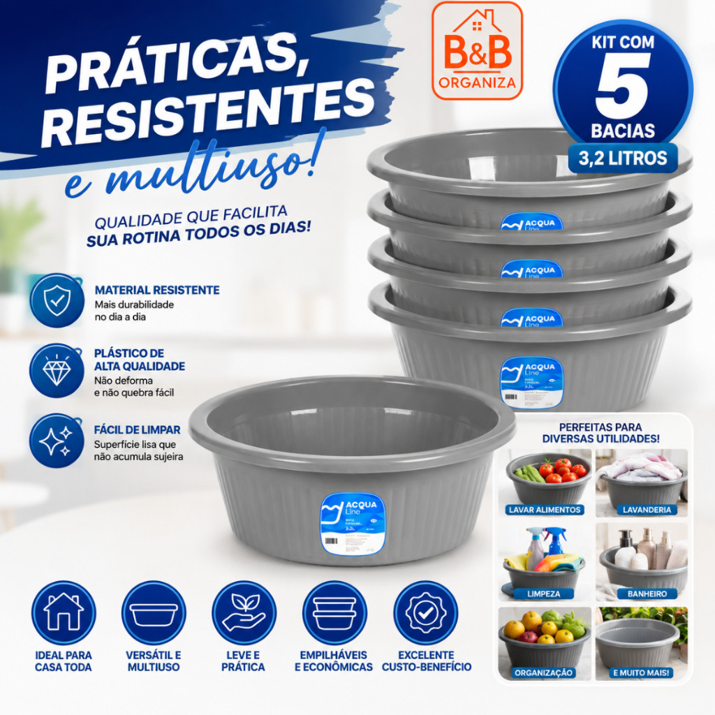 Kit 5 Bacias Multiuso Plásticas 3,2L Redondas Reforçadas Alta Durabilidade Para Cozinha e Lavanderia