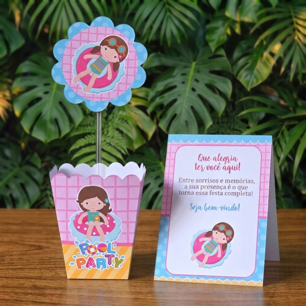 Centro de mesa + Plaquinhas POOL PARTY MENINA lembrancinhas personalizadas mimos aniversario infantil decoração mimos