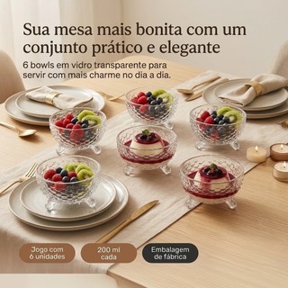 Jogo Conjunto 6 Bowls Tigela Pote De Vidro 200ml Transparente Sobremesa Mesa Posta 6 Un Casa Primo