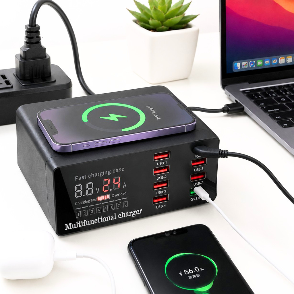 Carregador Usb Charger 100w Inteligente 8 Portas Wireless Indução Bancada Tipo C WLX-X9