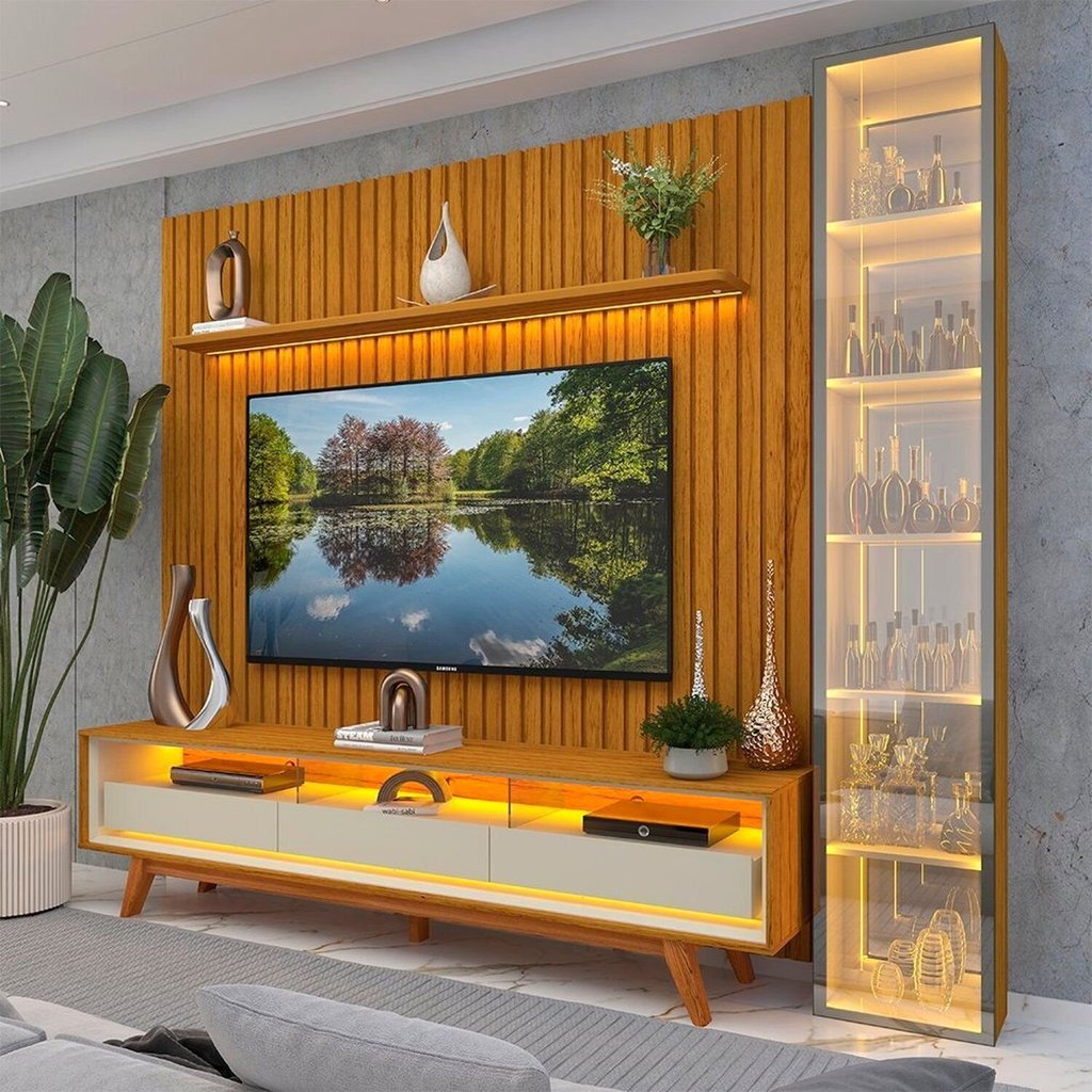Rack com Painel Ripado para TV até 85 Polegadas com LED 100% MDF 266,8CMX237CM Pés em Madeira Maciça Mad Esp Nobre