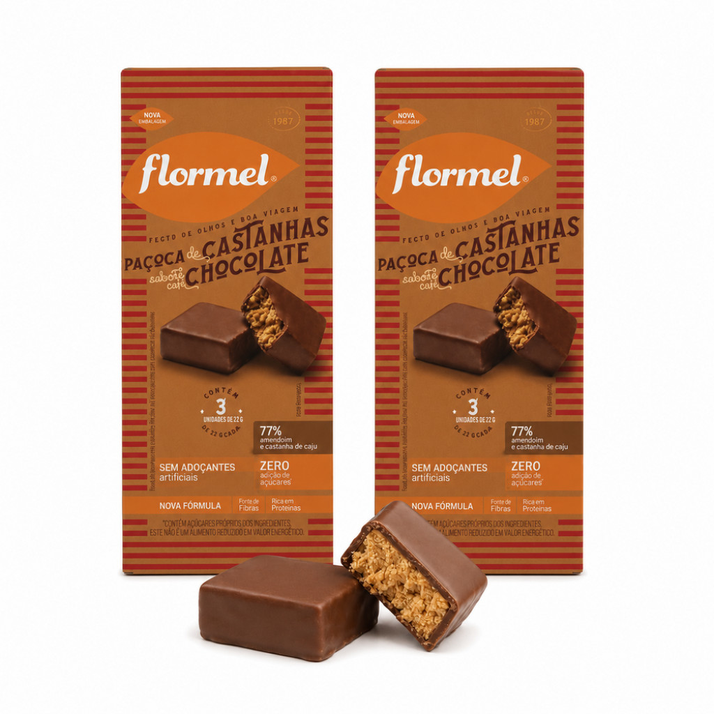 Kit 2 Paçoca de Castanhas Chocolate Zero Açúcar Sem Gluten Cacau Doce Flormel 22g cada