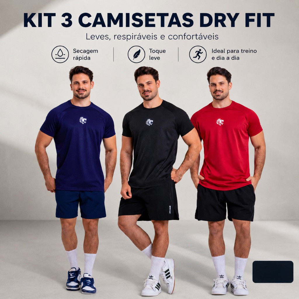 Kit 3 Camisas Dry Fit Tecido Leve Musculação Academia Esportes Masculino Fitness