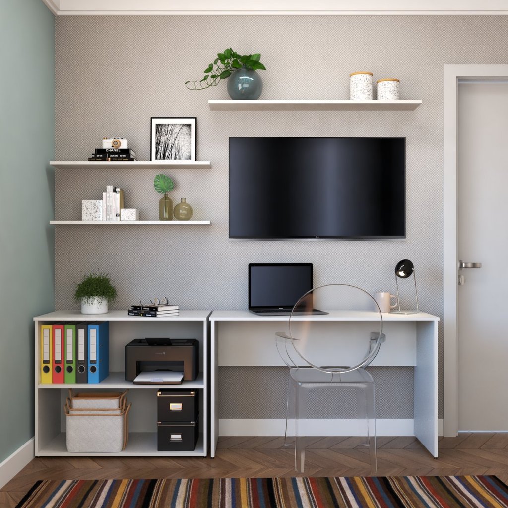 Escrivaninha Mesa Escritório com Nichos e 3 Prateleiras 190cm Branco Branco