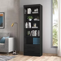 Estante de Livros 61CMX183CM 5 Prateleiras 2 Gavetas Flora Preto Preto