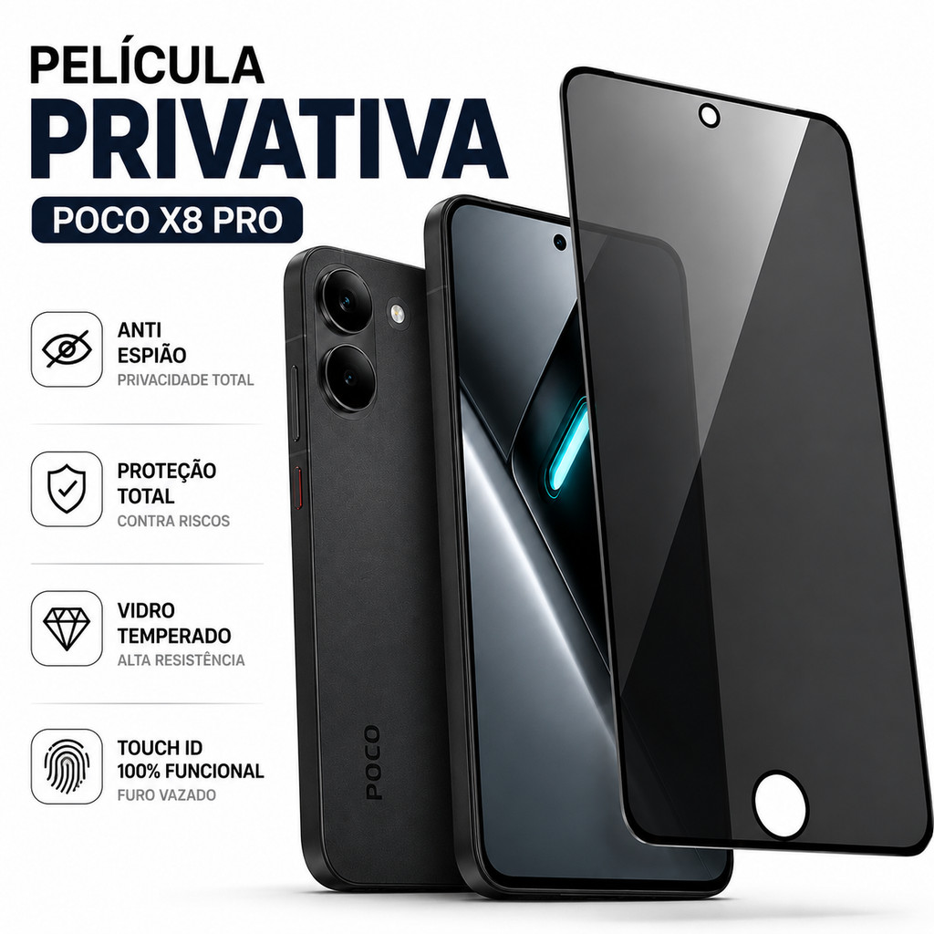 Película POCO X8 Pro Privacidade Anti Spy Vidro Temperado Proteção de Tela com Furo Touch ID