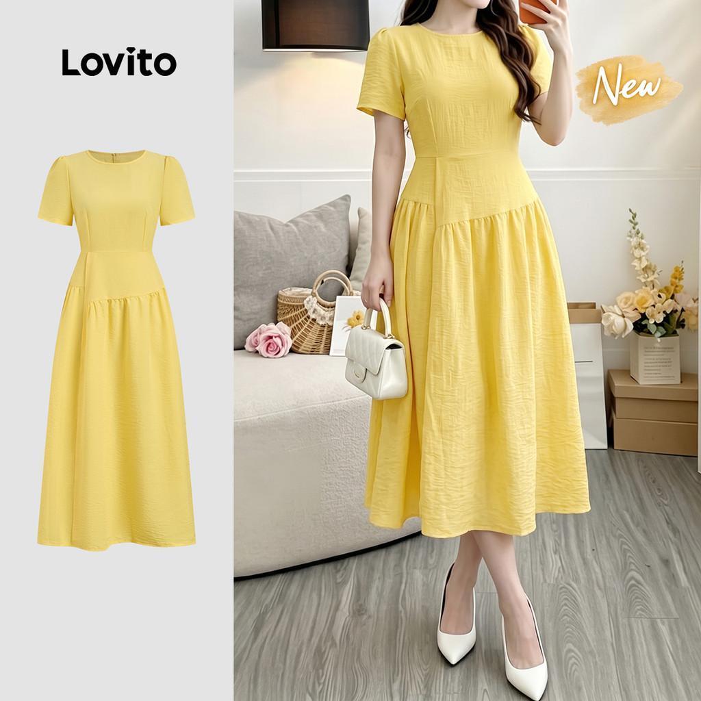 (New Arrival) Lovito Vestido Casual Pregas Textura Design Sense /verão Vestido Amarelo para mulheres LK7AD320