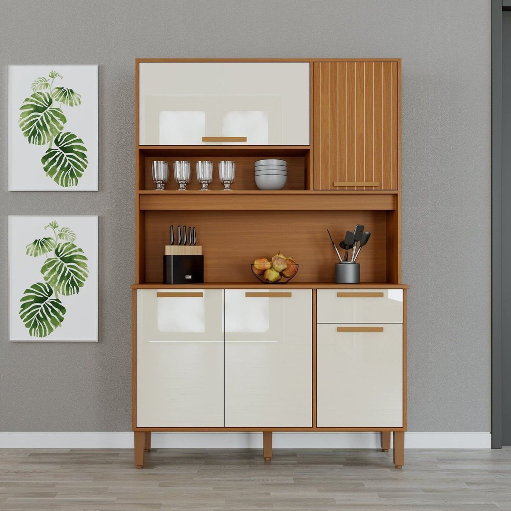 Armário de Cozinha Frisado 5 Portas 1 Gaveta 120cm Roma Marrom/Freijó/Off White Freijó/Off White