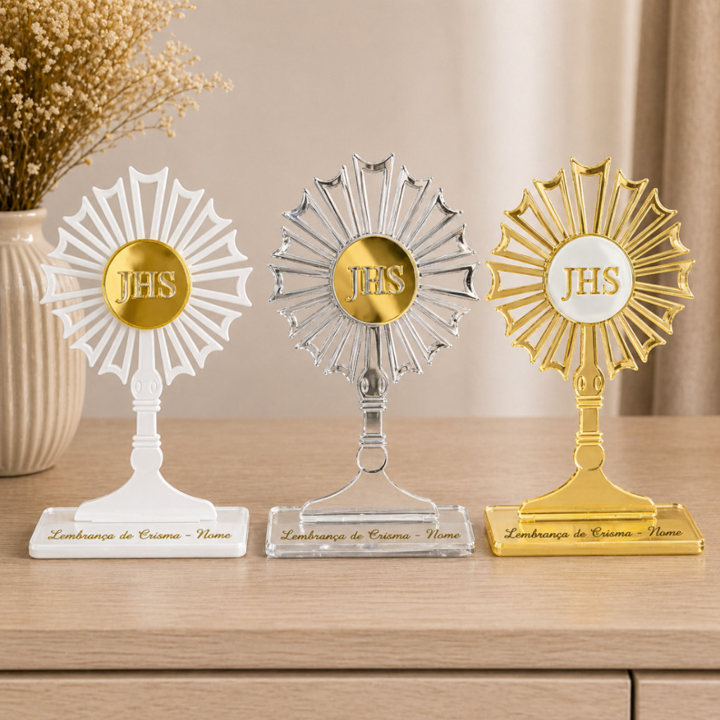 Kit 5 Ostensório Acrílico Personalizado Lembrancinha Batizado Primeira Eucaristia Comunhão Cristã