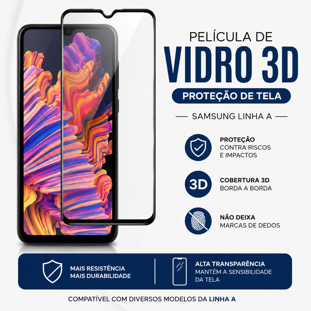 Película de Vidro 3D Samsung Linha A Proteção de Tela A04 A05 A06 A14 A15 A16 A24 A25 A26 A34 A35 A36 A54 A55 A56