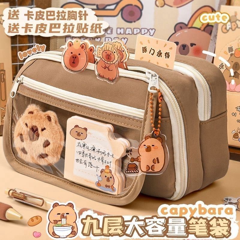 Kapibara Flip Pencil Case Girl Junior High School Papelaria Estojo de lápis de grande capacidade Caixa de papelaria de a