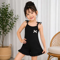 Kit 2 Macaquinhos Infantil Feminino verão Ribana Canelada com Laço e Alças de Amarrar Menina Verão Confortável Tam. 2