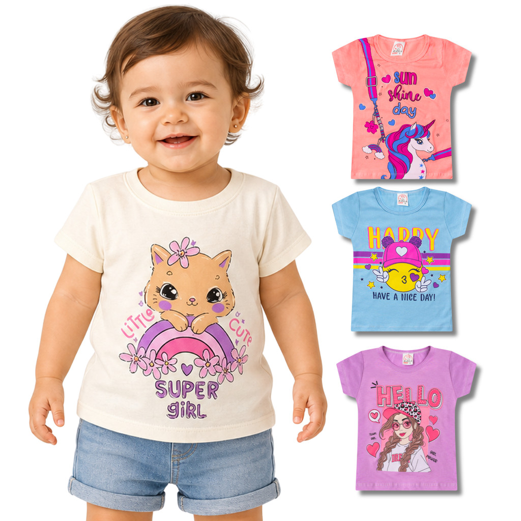 Kit 3 Camisetas Femininas Infantil e Juvenil Manga Curta Estampadas Sortidas do Tamanho 1 ao 14