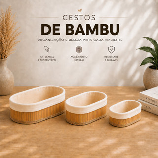 Kit 3 Cesto Organizador de Bambu Multiuso com Forro Banheiro Lavanderia Decoração Cosmeticos Pequeno Médio Grande Bege