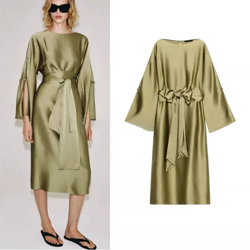 Outono novo produto feminino seda cetim textura vestido de comprimento médio 2241789
