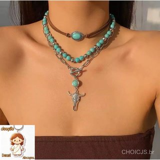 Kit Colar Turquesa Boho Country Western Couro Prata Envelhecida. Choker Pingente Boi. Maxi Colar Feminino Moda Tendência