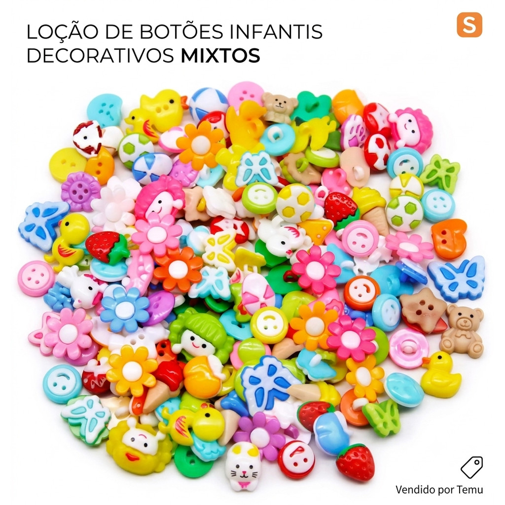 Botão Infantil 100 unid - - - SORTIDO, Apliques p/ Laços, Artesanato-Melhor Preço