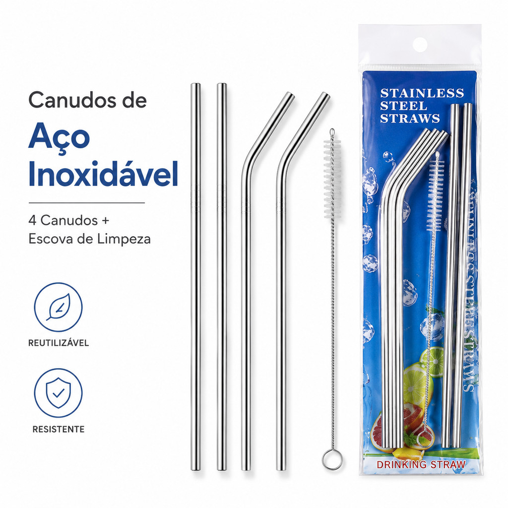 Kit 4 Canudos Inox Curvos Reutilizáveis com Escova de Limpeza Ecológicos Laváveis