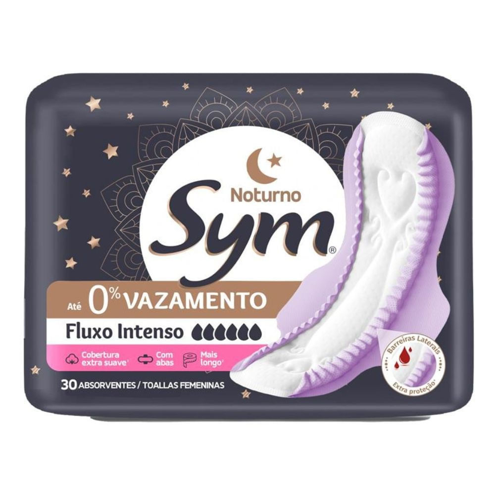 Absorvente Noturno 3D Gel Suave Fluxo Intenso com Abas Sym 30 Unidades