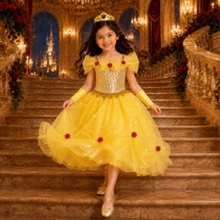 Fantasia Vestido Princesa Bela Infantil Luxo C/ Coroa e Luva + Brinde Envio Imediato