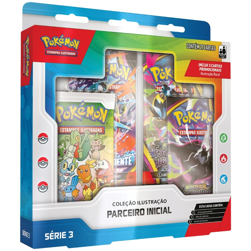 BOX POKÉMON SÉRIE 3 COLEÇÃO ILUSTRAÇÃO PARCEIRO INICIAL COPAG 30 ANOS MEGA EVOLUÇÃO CARTAS BOOSTERS