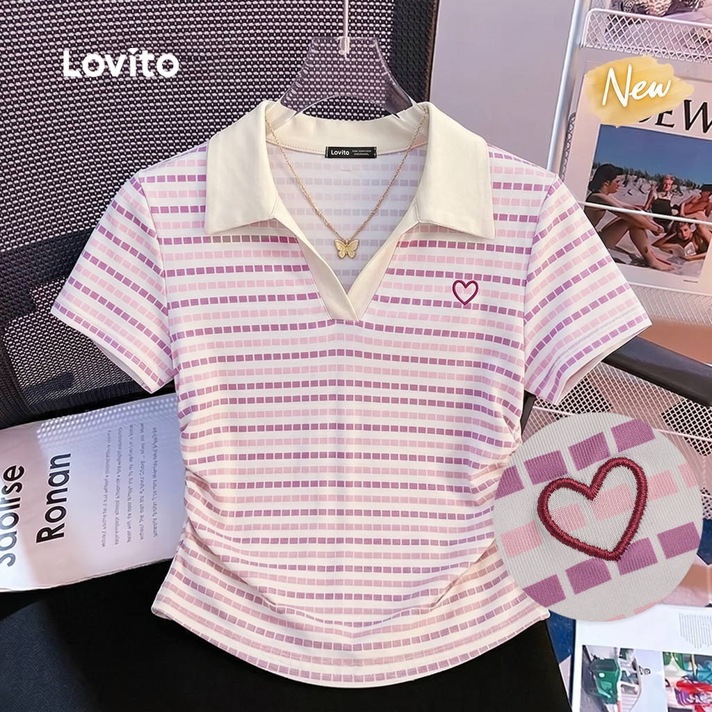 (New Arrival) Lovito Camiseta Casual com Bordado em Bloco de Cores Rosa Primaver