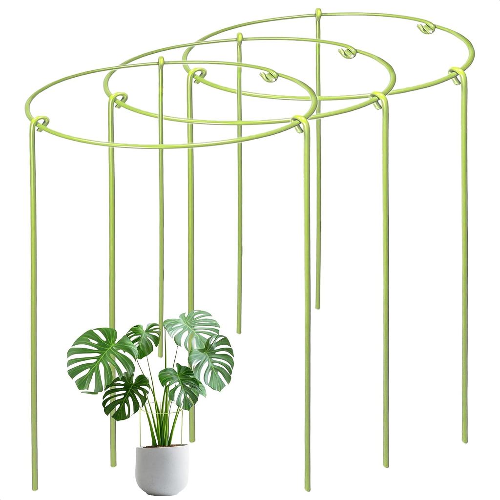 Conjunto de 3 Estacas e Suportes Reforçados para Plantas de Interior e Exterior, Estacas de Suporte Metálicas e Anéis de