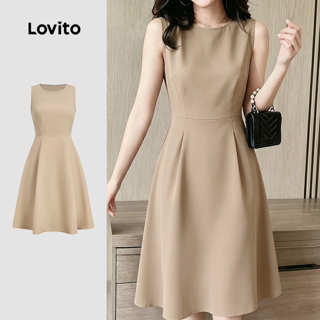 Lovito Vestido Casual Drapeado Linha Estruturada para Primavera/verão Cáqui L195AD084