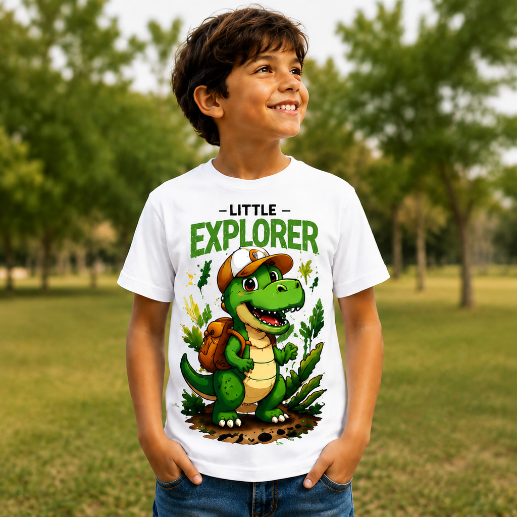 Camiseta Infantil Dinossauro T-Rex Explorador Estampada 100% Algodão Menino Menina Unissex Manga Curta
