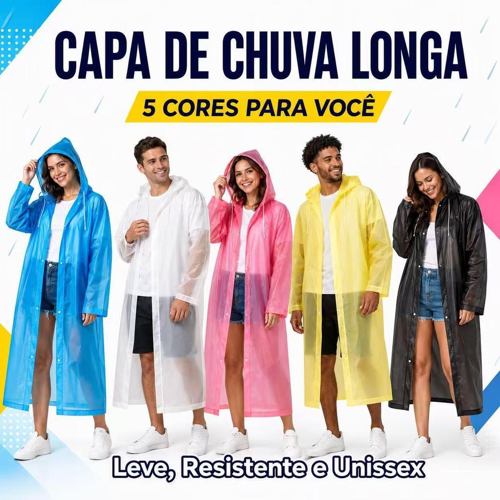 Capa de chuva longa em vinil transparente com capuz impermeável