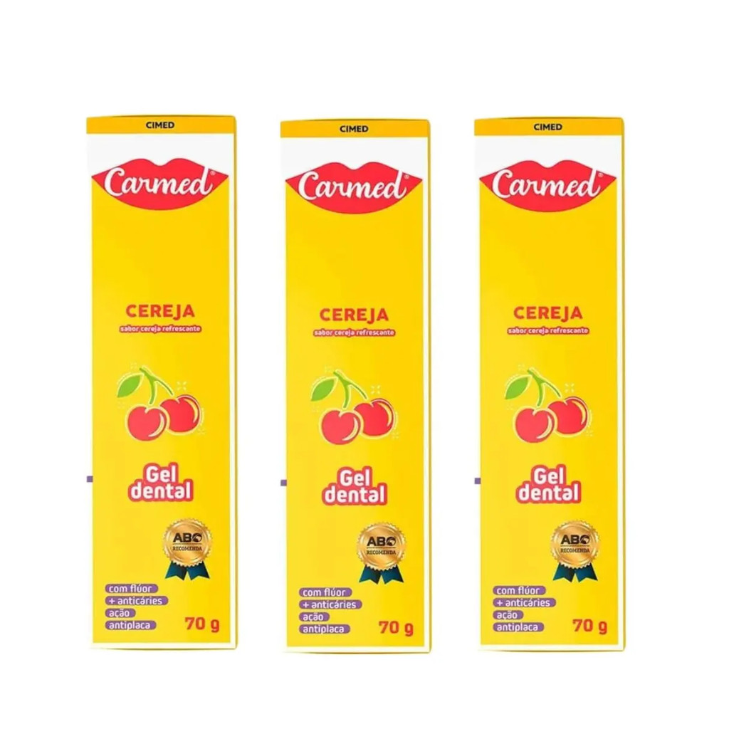 KIT 3 Creme Dental Carmed com Flúor Fini Cereja 70g – Proteção, Limpeza e Sabor Cereja
