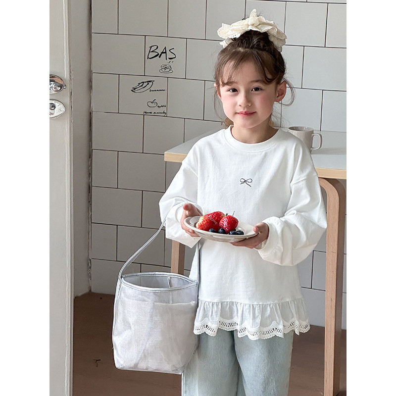 Meninas camisa de fundo primavera outono doce bainha renda crianças estilo ocidental arco impressão de manga comprida ca